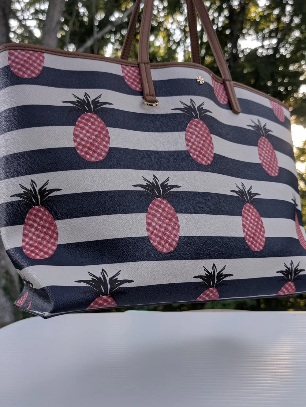 Tory Burch Kerrington Navy Stripe Pineapple Tote Bag - Pink Pineapple Print